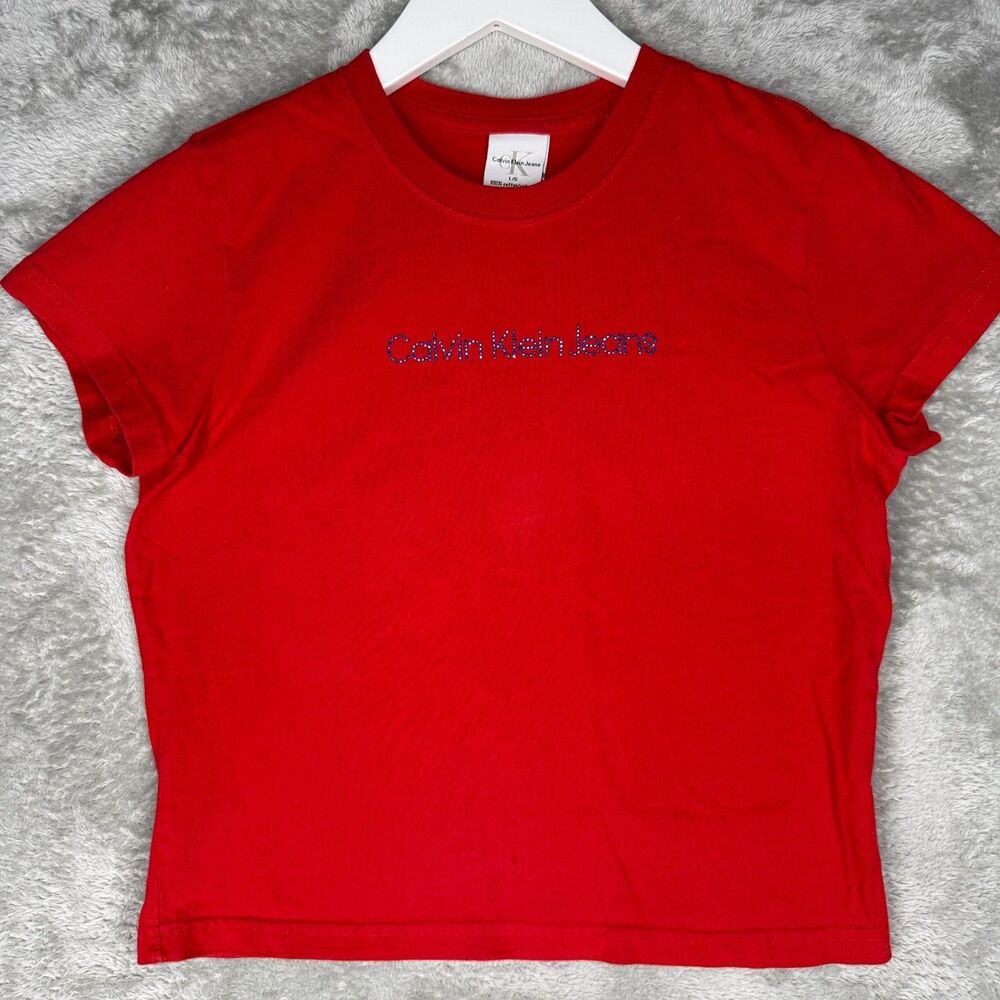 Vtg Calvin Klein Jeans Babydoll T Shirt Womens Large Red Rhinestone USA Spellout